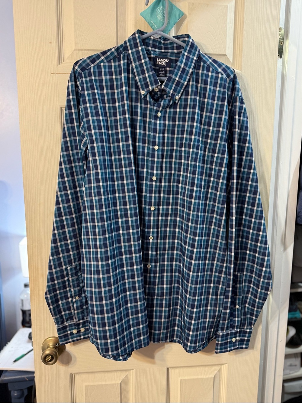 Lands' End Men's Navy and Teal Plaid Button-Down Shirt XLT 17 - 17 1/2